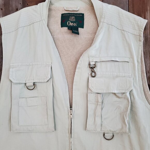 VTG ORVIS FLY FISHING Vest Jacket Pockets Sz L Hunting Khaki Safari Photography - Picture 4 of 11
